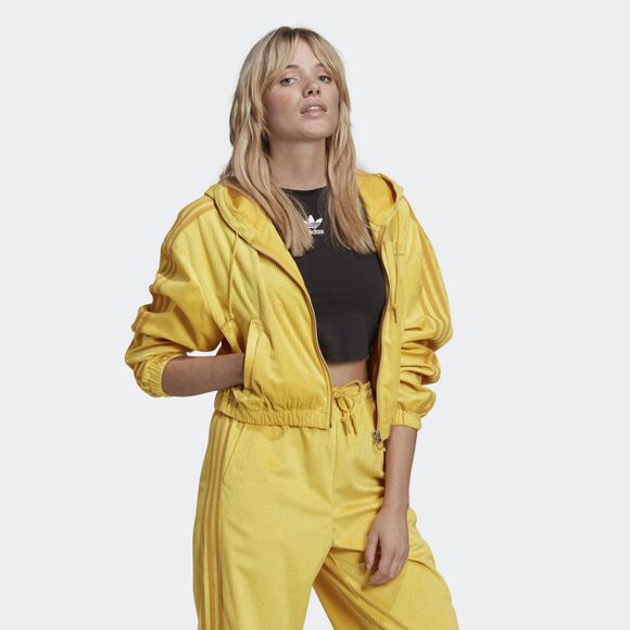 ADIDAS Original Yellow Corduroy Cropped Hooded Zip Up Track Jacket Size S Small - Picture 1 of 9